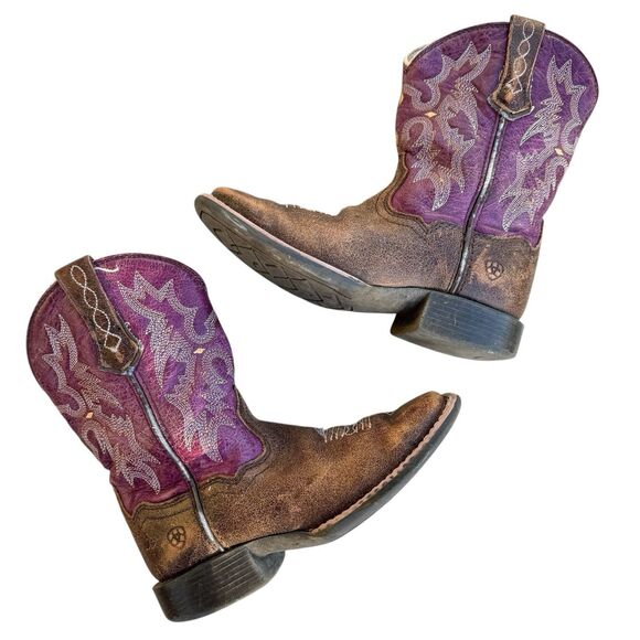 Ariat Western Boots Girls 10 Purple Leather Tombstone Wide Square Toe Embroidery - Picture 4 of 13